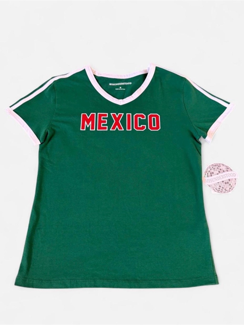 Misunderstood Mexico Green V-Neck Fan Shirt Size M